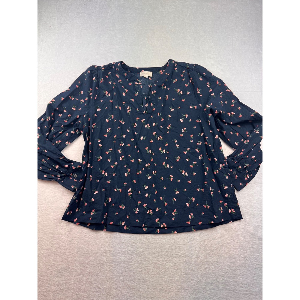 Loft Outlet Womens XL Navy Blue Pink Floral Long Sleeve Split Neck Blouse Top